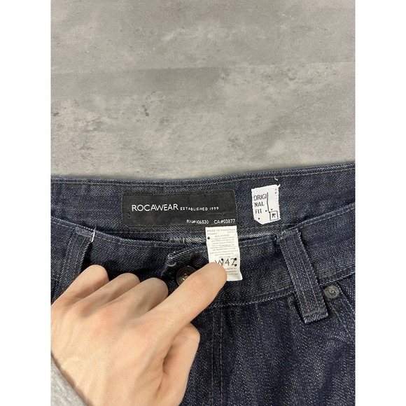 Rocawear Jean Shorts Men 40x16 Blue Denim Jorts Baggy Wide Leg Skate Dark Wash - Picture 4 of 9